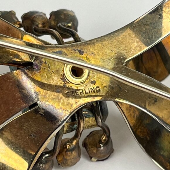 Vintage 1940s Gold Over Sterling Aqua Blue Stone Ribbon Bow Brooch - Picture 8 of 9